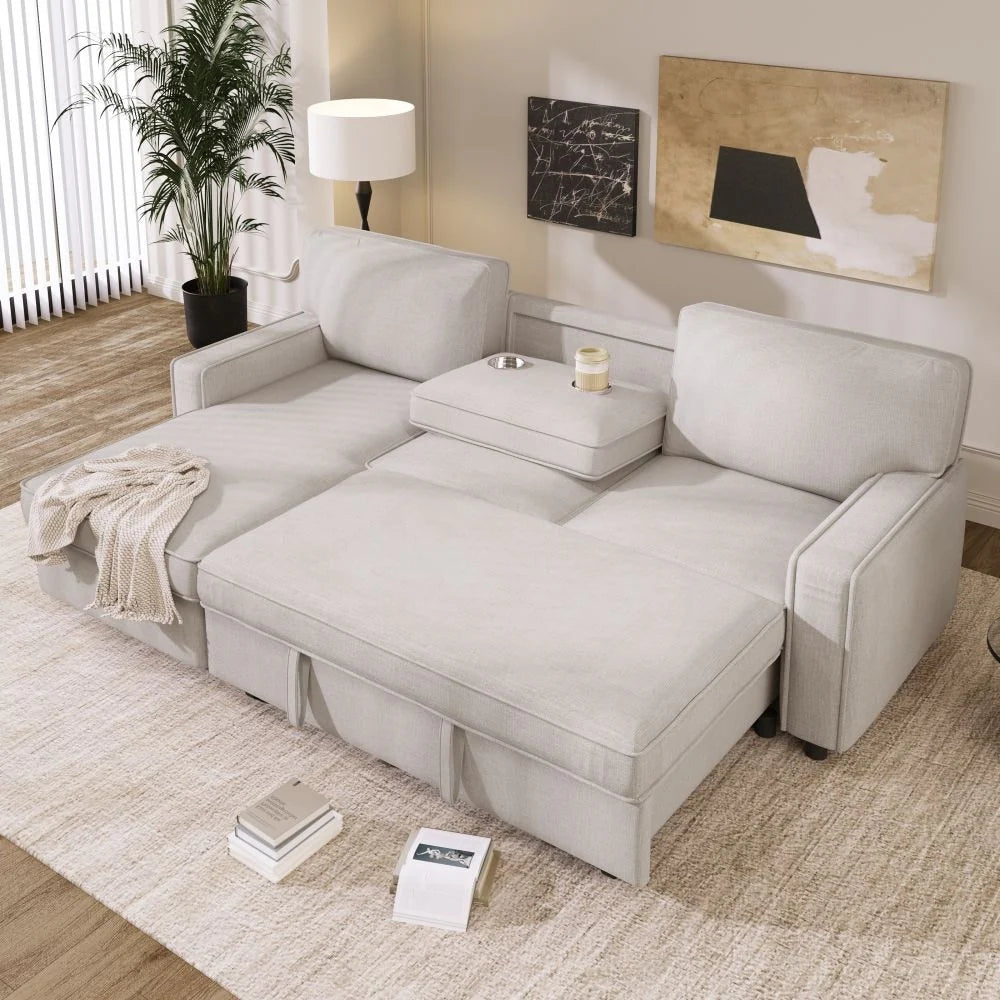 Upholstery Sleeper Sectional Sofa with Storage Space, USB Port, 2 Cup Holders on Back Cushions,Grey