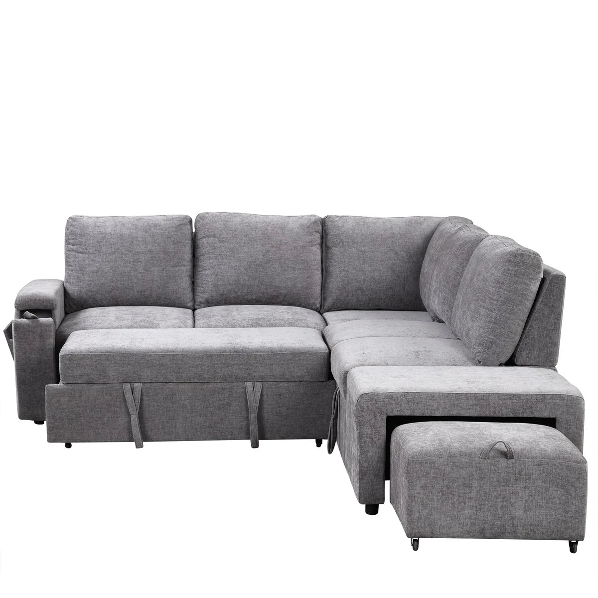 L-Shaped Sectional Set Sleeper Sofa Bed Living Room Recliner Sofa with Storage, Hidden Cup Holder, USB Port & Removable Ottoman