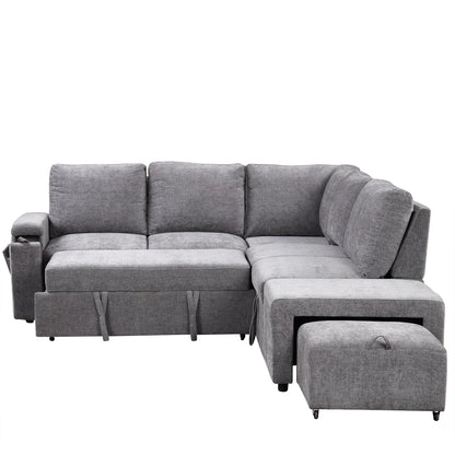 L-Shaped Sectional Set Sleeper Sofa Bed Living Room Recliner Sofa with Storage, Hidden Cup Holder, USB Port & Removable Ottoman