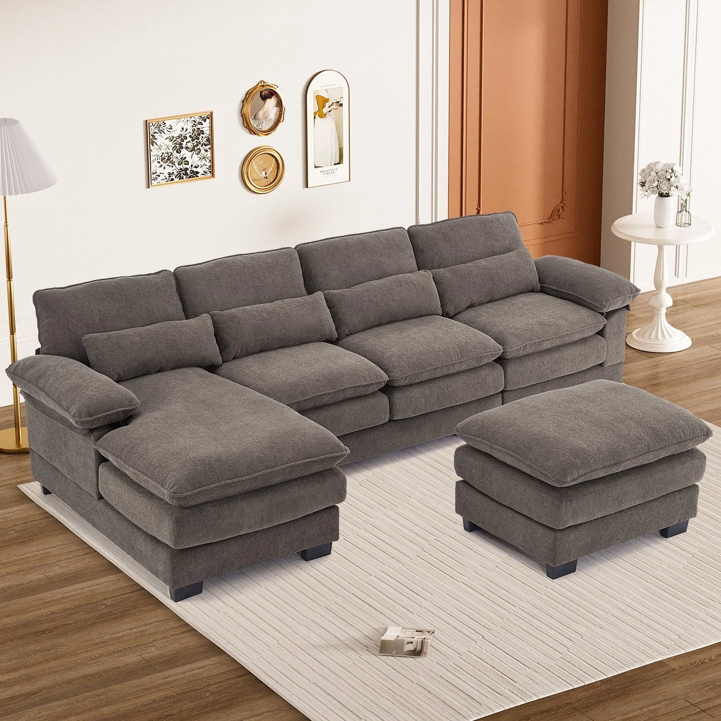 Ouyessir Soft Chenille Fabric U-Shaped Sectional Sofa Set with Doudle Layer Cushion