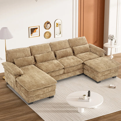 Ouyessir Soft Chenille Fabric U-Shaped Sectional Sofa Set with Doudle Layer Cushion