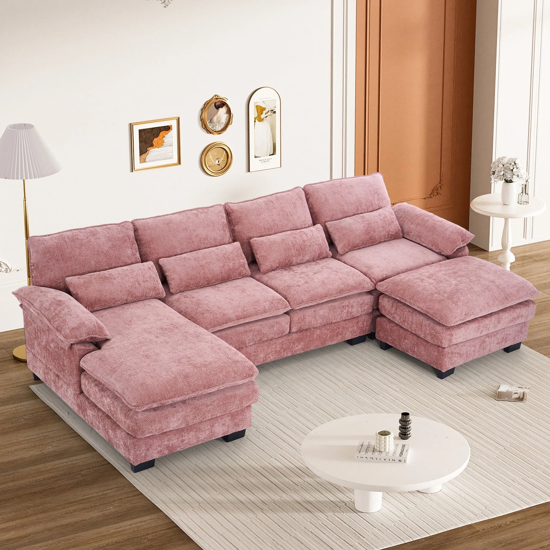 Ouyessir Soft Chenille Fabric U-Shaped Sectional Sofa Set with Doudle Layer Cushion